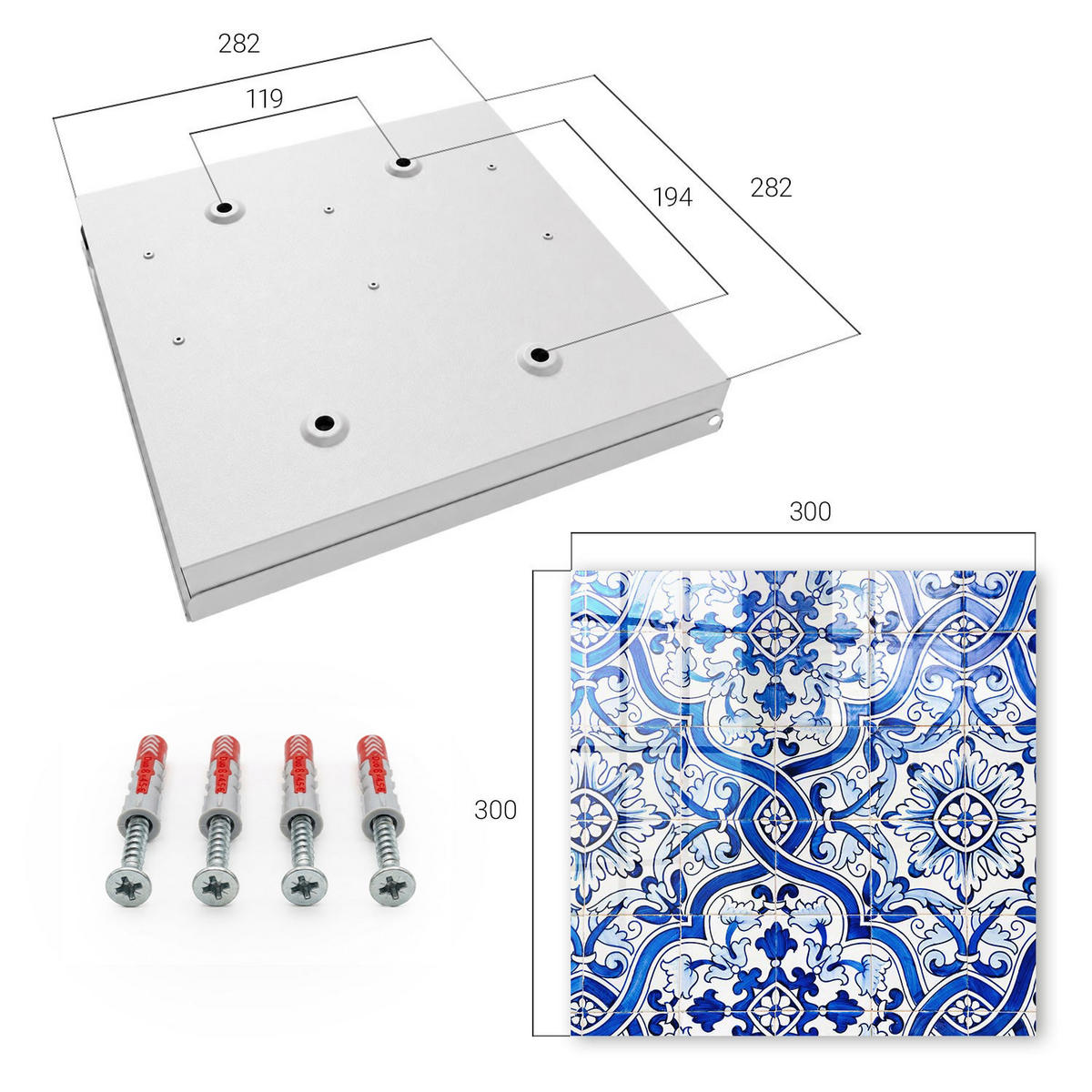 SCHLÜSSELBOX Weiß 30x30 cm – Türöffnung nach rechts - Dekorative Fliesen - Blau, Metall (30/30/5cm) - TULUP