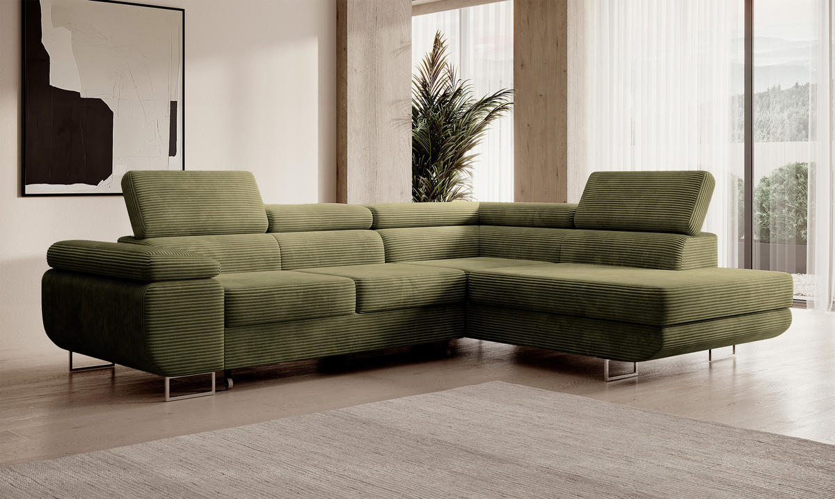 ECKSOFA Stevil Olivgrün Cordbezug - Silberfarben/Olivgrün, Textil/Metall (275/203cm) - Selsey