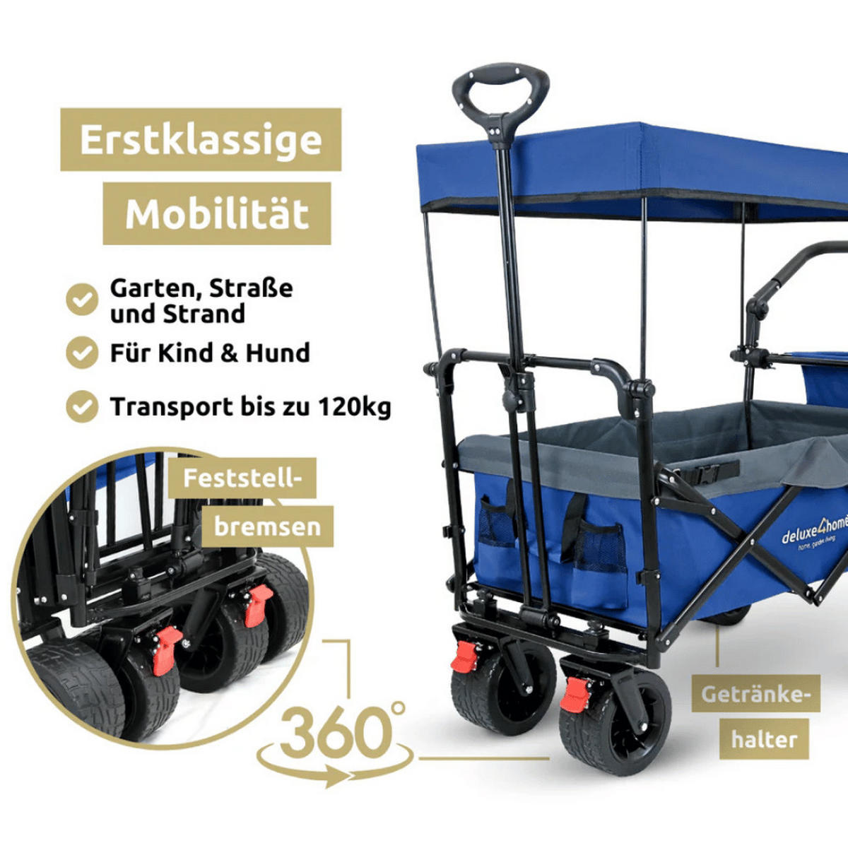 BOLLERWAGEN faltbar mit Dach KILI Extra Breite Reifen Blau - Blau, Metall (126/109/66cm) - DELUKE