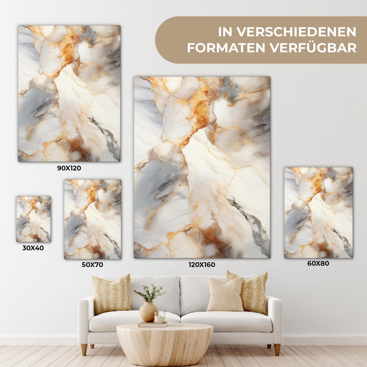 LEINWANDBILD Marmor - Grau - Gold 60x80 cm - Weiß, Textil (60/80cm) - MuchoWow