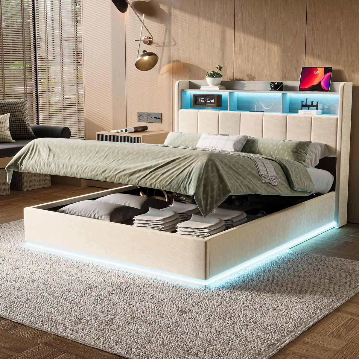 POLSTERBETT 140x190 cm Beige mit LED, Stauraumkopfteil & USB-C - Beige, Holz (140/190cm)
