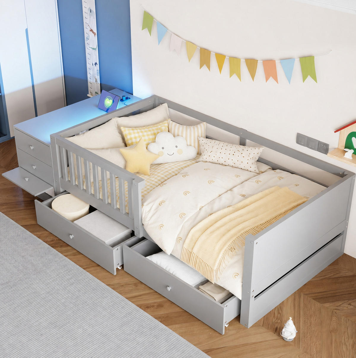 HOCHBETT 90x200 cm in Grau mit Schubladen, LED-Beleuchtung und Steckdose - Grau, Holz (90/200cm) - IVMEU