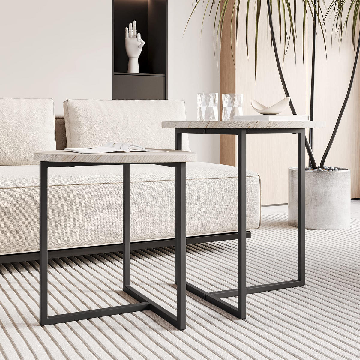 COUCHTISCH-SET DE-37289 2er-Set rund mit Herzform Eiche - Eiche Bianco, Metall (45/45/50cm) - ComfortXL