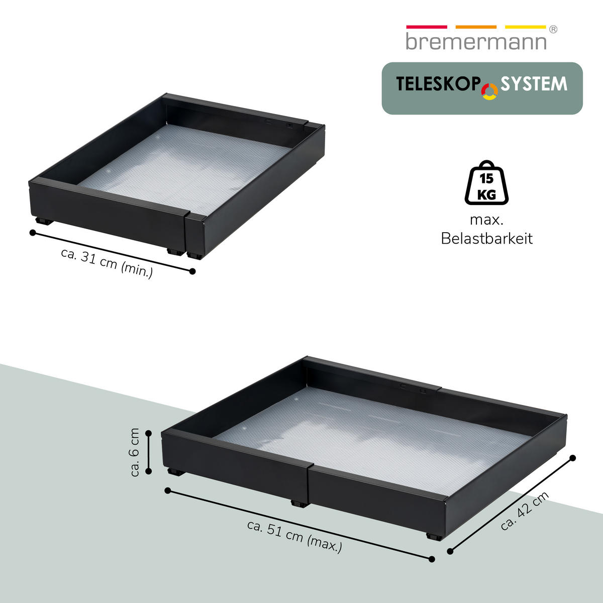 TELESKOPSCHUBLADE, ausziehbar, Metall, schwarz - Schwarz, Metall (51/6/42cm) - bremermann