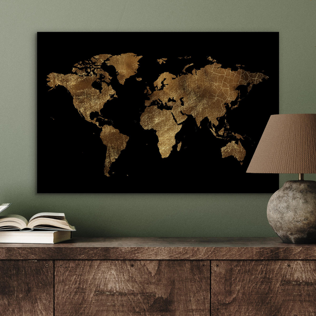 METALLBILD Weltkarte - Gold - Luxus - Erde - Schwarz 60x40 cm - Goldfarben, Metall (60/40cm) - MuchoWow