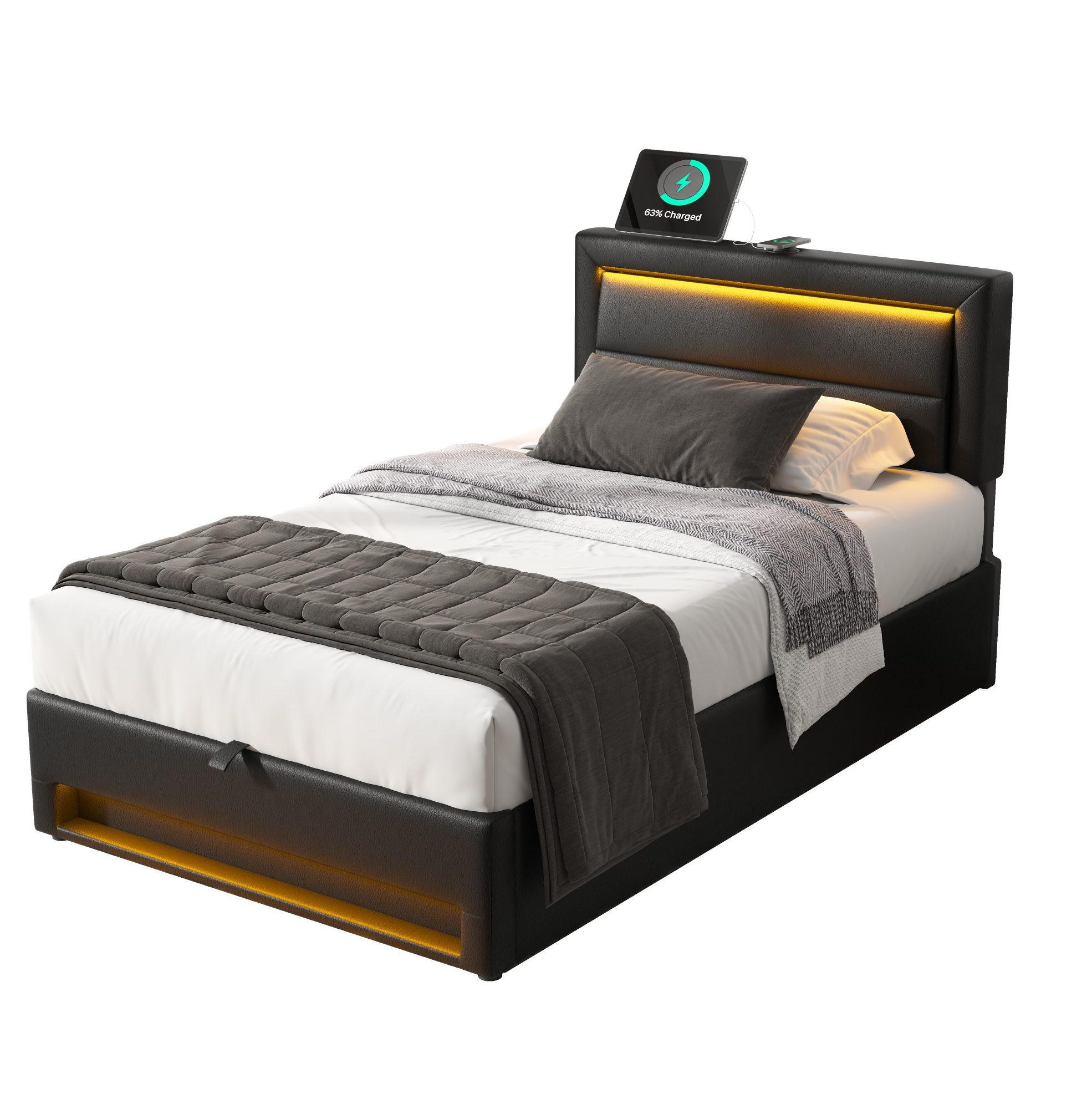 ČALÚNENÁ posteľ z PU 90x190 cm čierna s USB portom, LED osvetlením a úložným priestorom - čierna, plast (90/190cm) - Modfu