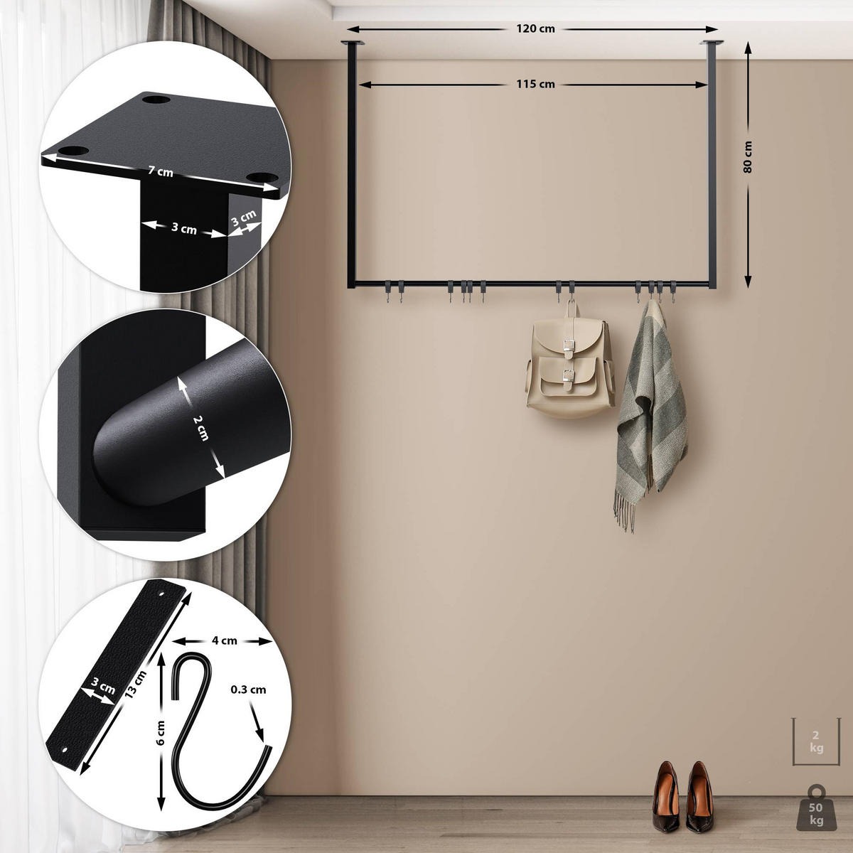 KLEIDERSTÄNDER 150x38x120-schwarz-Metall - Schwarz, Metall (120/80/7cm) - CLP
