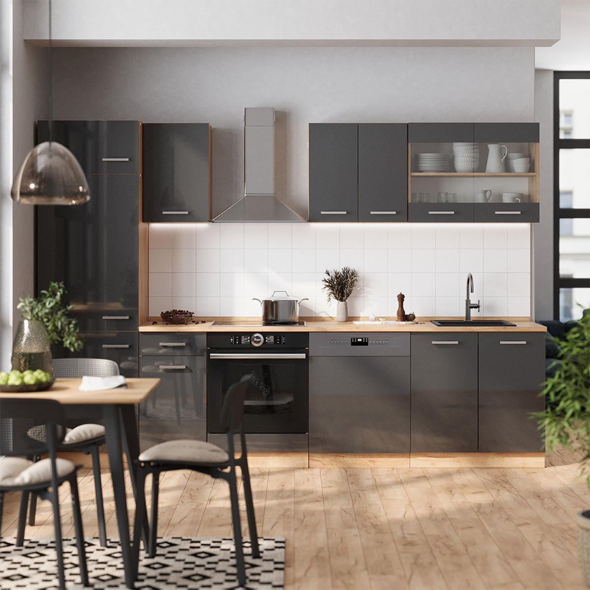 PENTRY R-Line Antracit högblank/Goldkraft ek 300 cm , AP Marble - Honungsek/Svart högglans, Träbaserade material (300/206.8/60cm) - Vicco