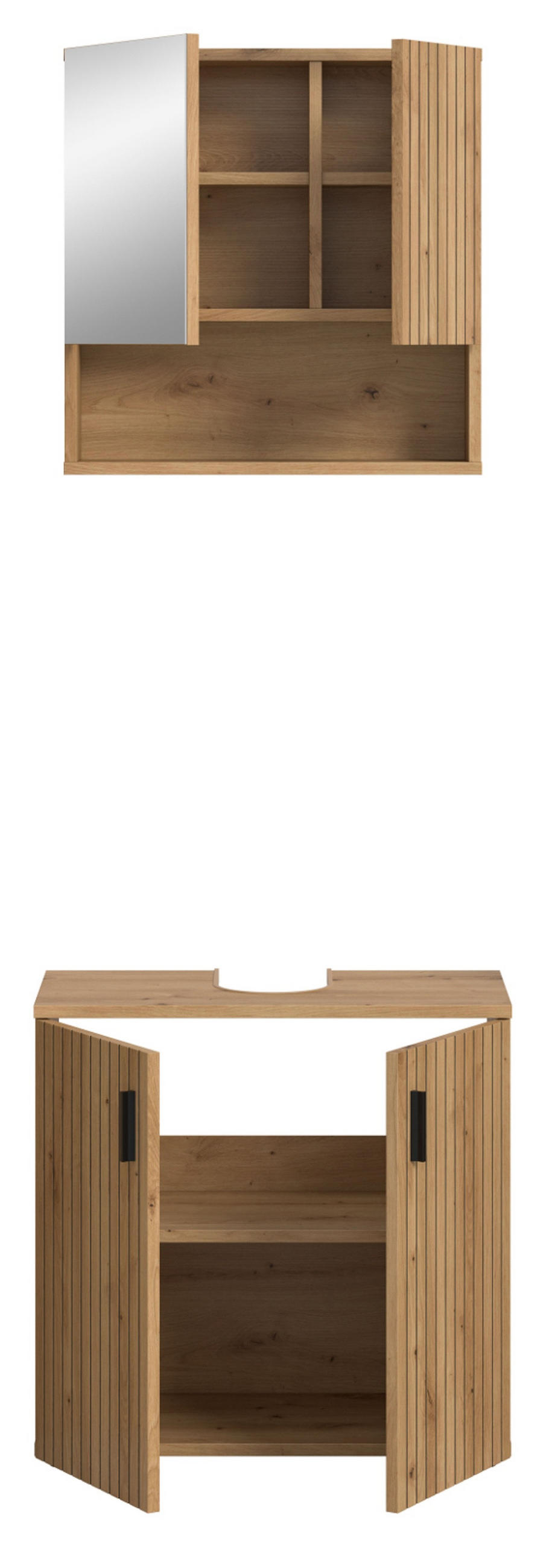 BADMÖBEL-SET Eiche Artisan 2-teilig 60 cm, Badezimmerkombination mit Rillen-Optik - Schwarz/Eiche Artisan, Glas/Holzwerkstoff (60/180/30cm) - Inn.Furn