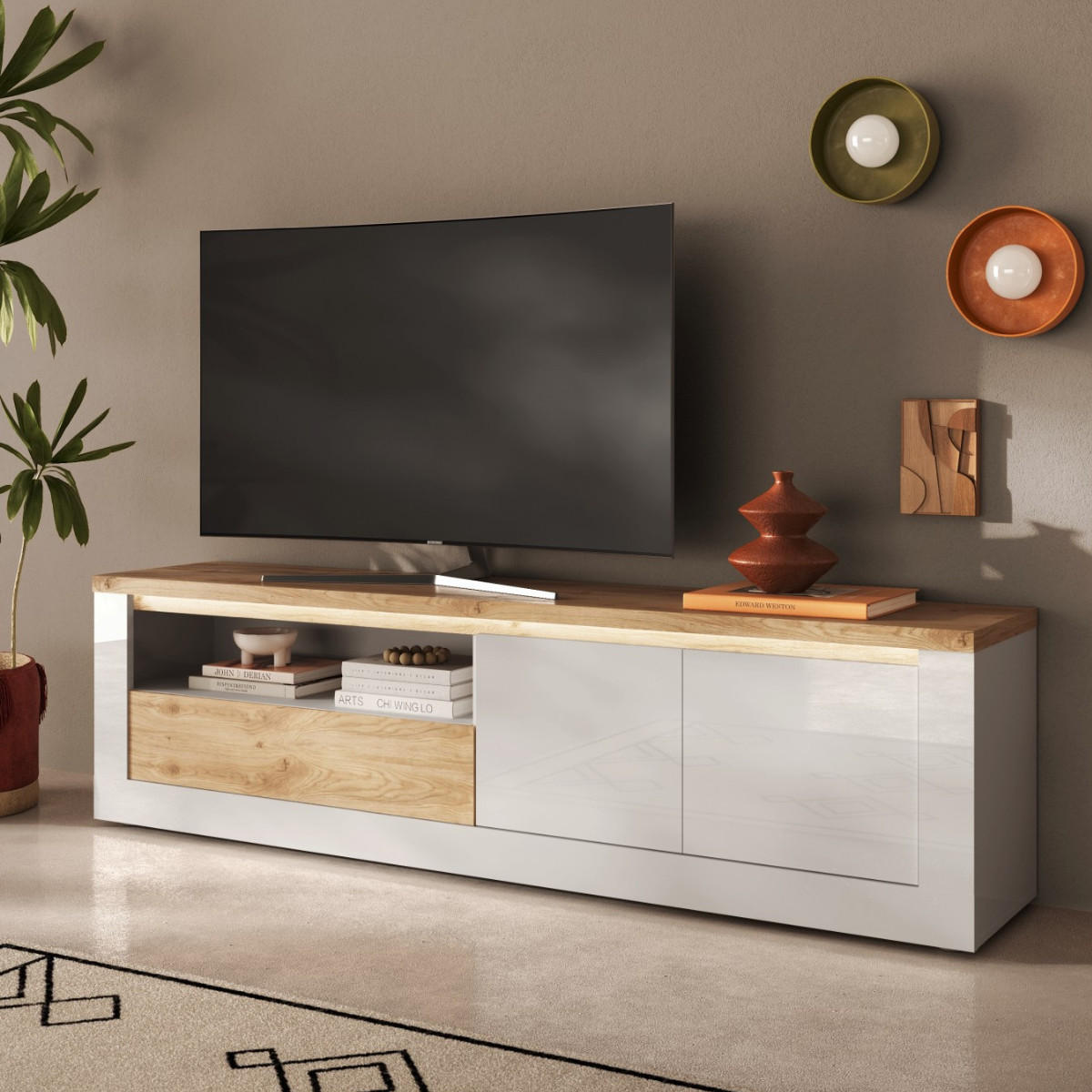 TV-MÖBEL2 Türen LED-Beleuchtung Eichendekor und Weiß 207/43/58 cm - Weiß, Holzwerkstoff (43/58/207cm) - Calicosy