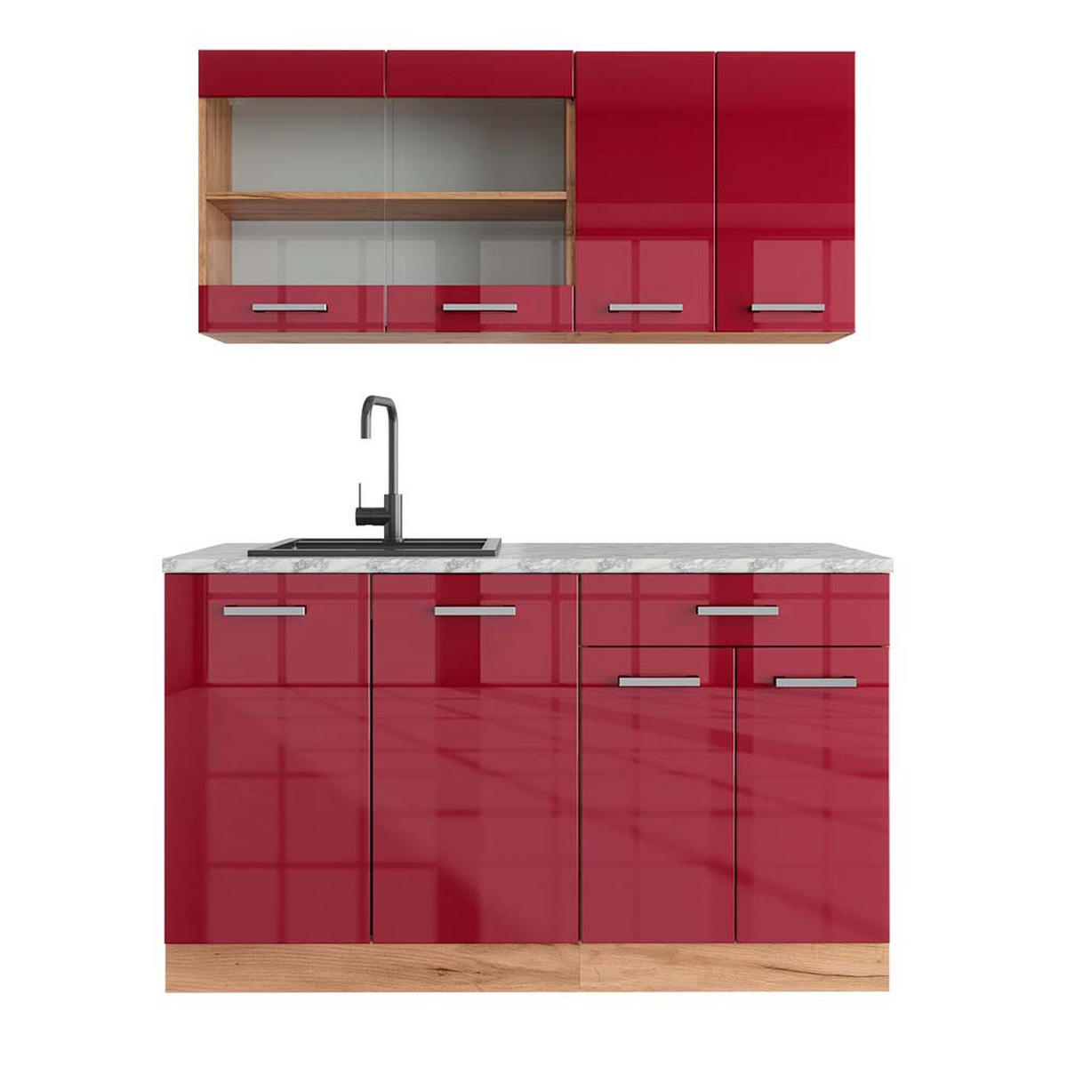 SINGLEKÜCHE R-Line Rot Hochglanz/Goldkraft Eiche 140 cm , AP Marmor - Honigeiche/Rot, Holzwerkstoff (140/81.6/60cm) - Vicco