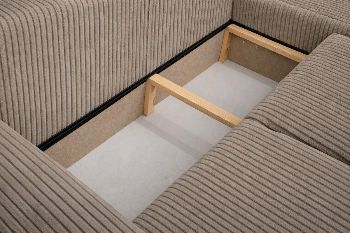 ECKSOFA Mit Schlaffunktion Und Bettkasten, Sofa L-Form Bingo L, Cordstoff Poso, Dunkelbeige, Rechts - Beige, Holz (250/142cm) - Kaiser Möbel