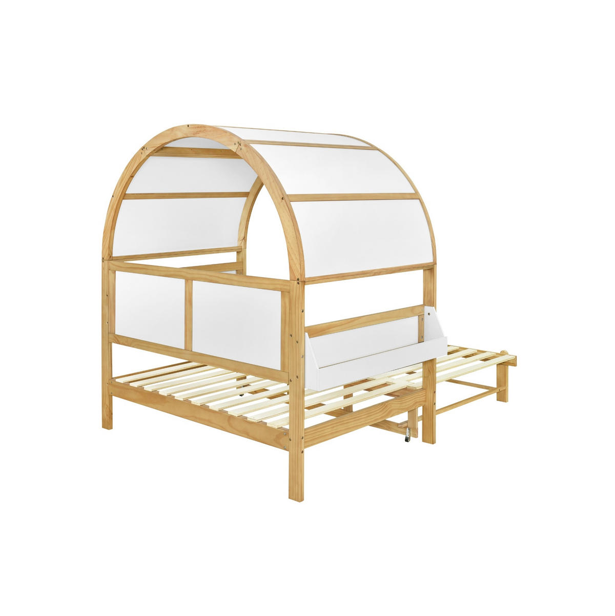 HAUSBETT 140/200 cm in Weiß/Natur mit Ausziehfunktion und seitlicher Ablage - Weiß, Holzwerkstoff (140/200cm) - Flora Grace