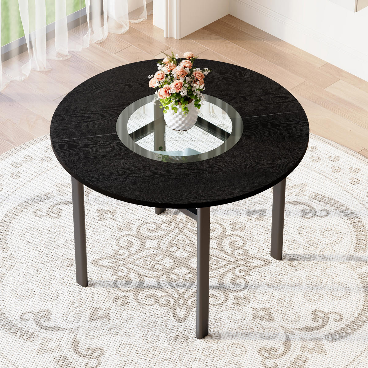 ESSTISCH 100/100/76 cm Schwarz rund mit Glaseinlage MDF und Metallgestell - Schwarz, Holzwerkstoff (100/100/76cm) - OKWISH