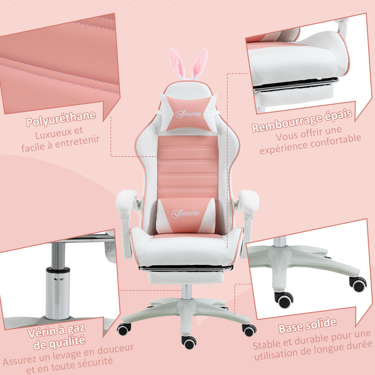 GAMINGSTUHL mit Hasenohren DE-11730 neigbar 135° mit Fußstütze Rosa - Pink, Metall (63/142/65cm) - ComfortXL