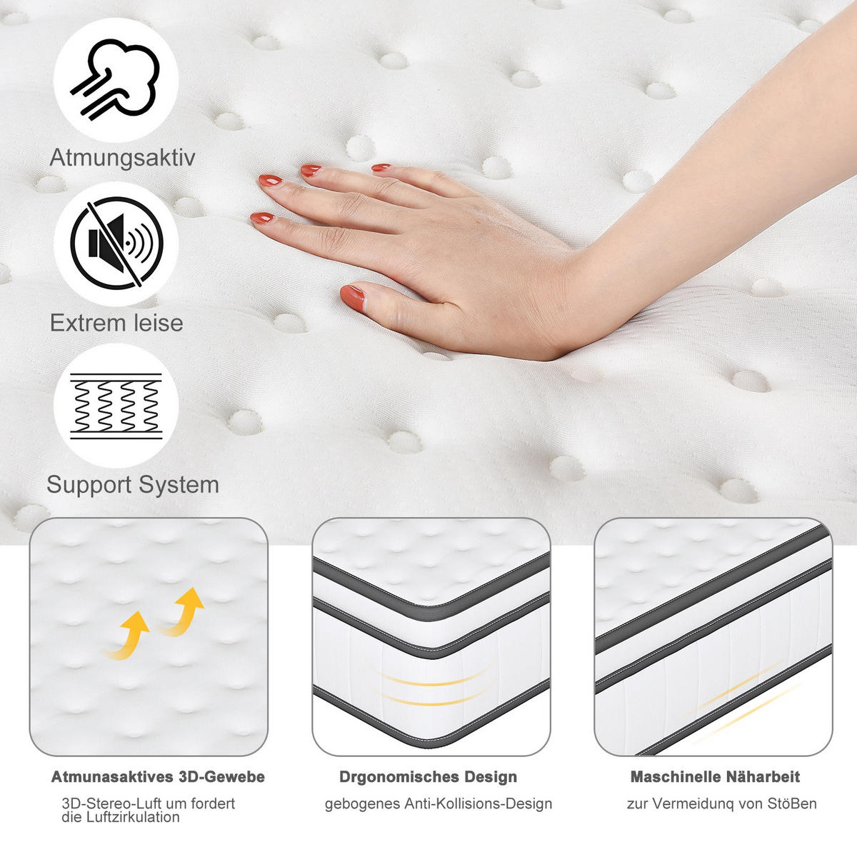 TASCHENFEDERKERNMATRATZE 90x200x25cm Modell "AeroSleep" 7-Zonen Hybrid-System mit 3D-Belüftung – Weiß/Grau - Weiß, Textil (90/200cm) - DELFA