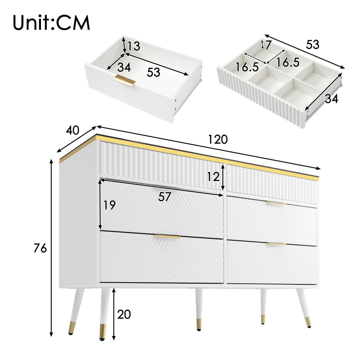 KOMMODE aus Glas, Spanplatte und Metall 120x40x76 cm Weiß mit 6 Schubladen - Weiß, Holzwerkstoff (40/76/120cm) - IVMEU
