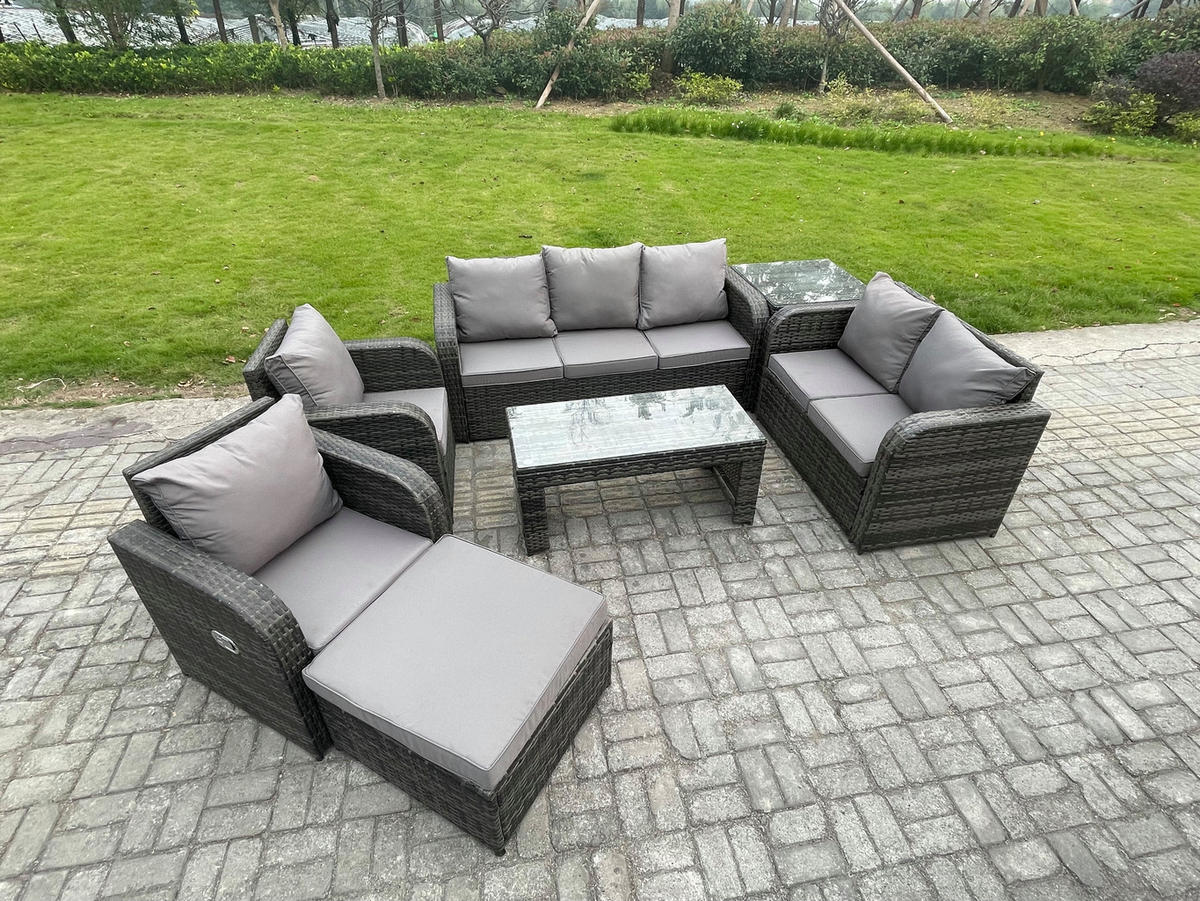GARTENSOFA SET mit rechteckigem COUCHTISCH Polyrattan 8-Sitzer Dunkelgrau - Dunkelgrau/Grau, Glas/Kunststoff - Fimous