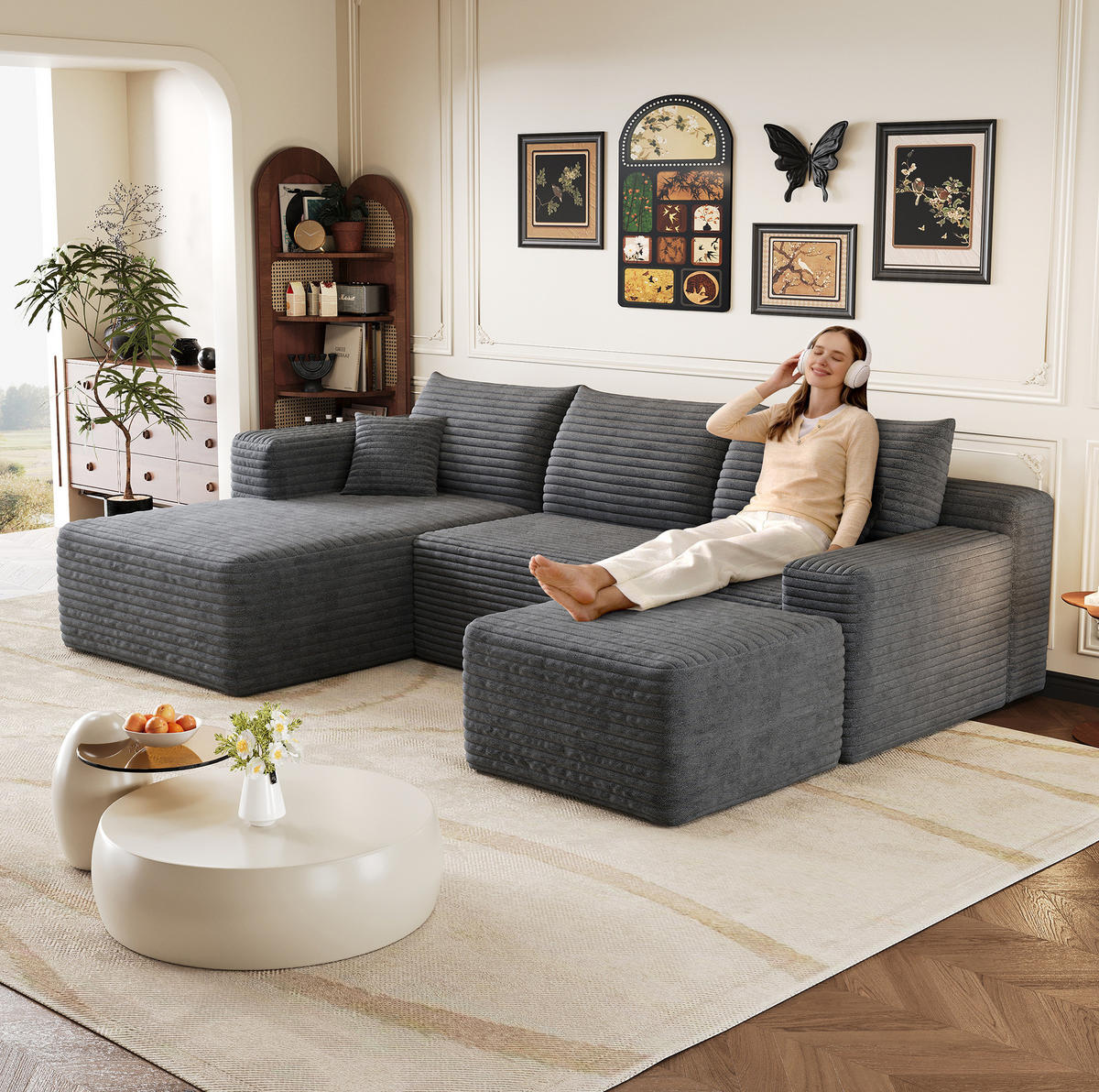 ECKSOFA 241 cm aus Stoff mit Cordbezug und Chaise Lounge Dunkelgrau - Dunkelgrau, Textil (151/241cm) - Modenvie