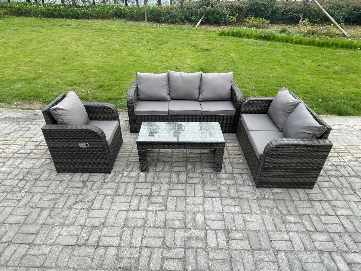 GARTENSOFA SET mit rechteckigem COUCHTISCH Polyrattan 6-Sitzer Dunkelgrau - Dunkelgrau/Grau, Glas/Kunststoff - Fimous