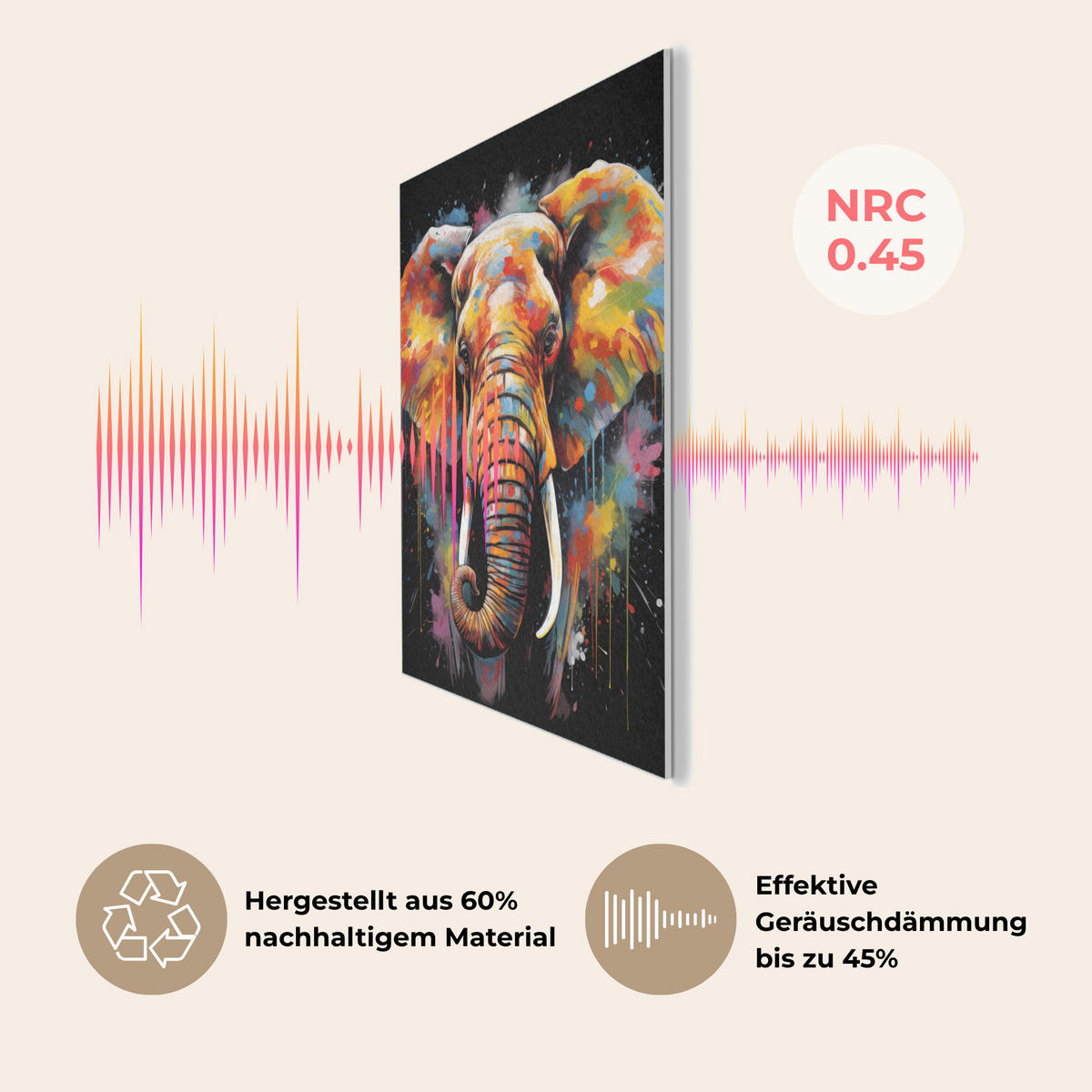 AKUSTIKPANEEL Elefant - Graffiti - Schwarz - Tiere - Farben 70x100 cm - Schwarz, Textil (70/0.9/100cm) - MuchoWow