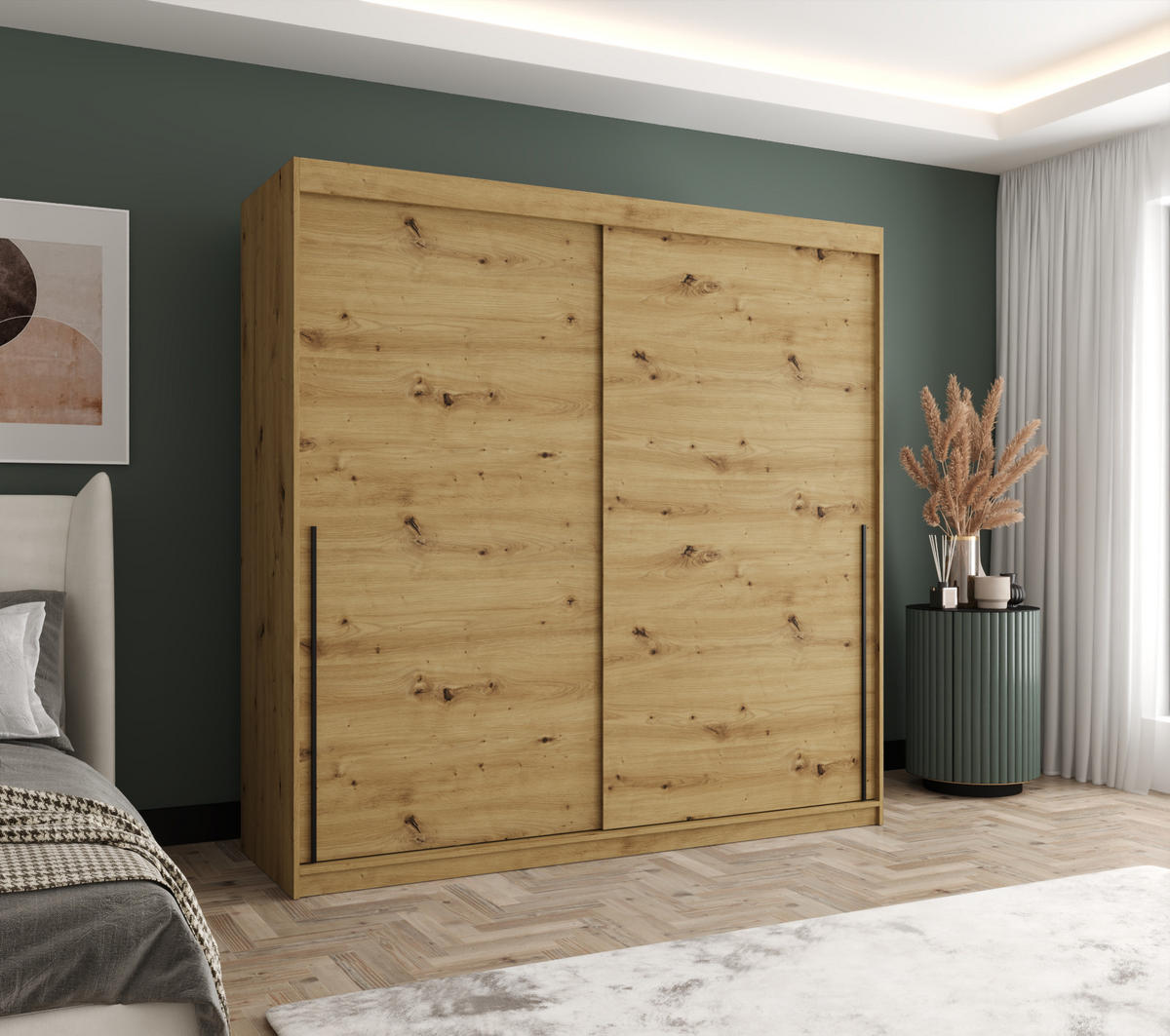 SCHIEBETÜRENSCHRANK 200 cm Breite Artisan mit schwarzem Griff - Schwarz/Eiche Artisan, Holzwerkstoff (200/200/62cm) - Home Collective