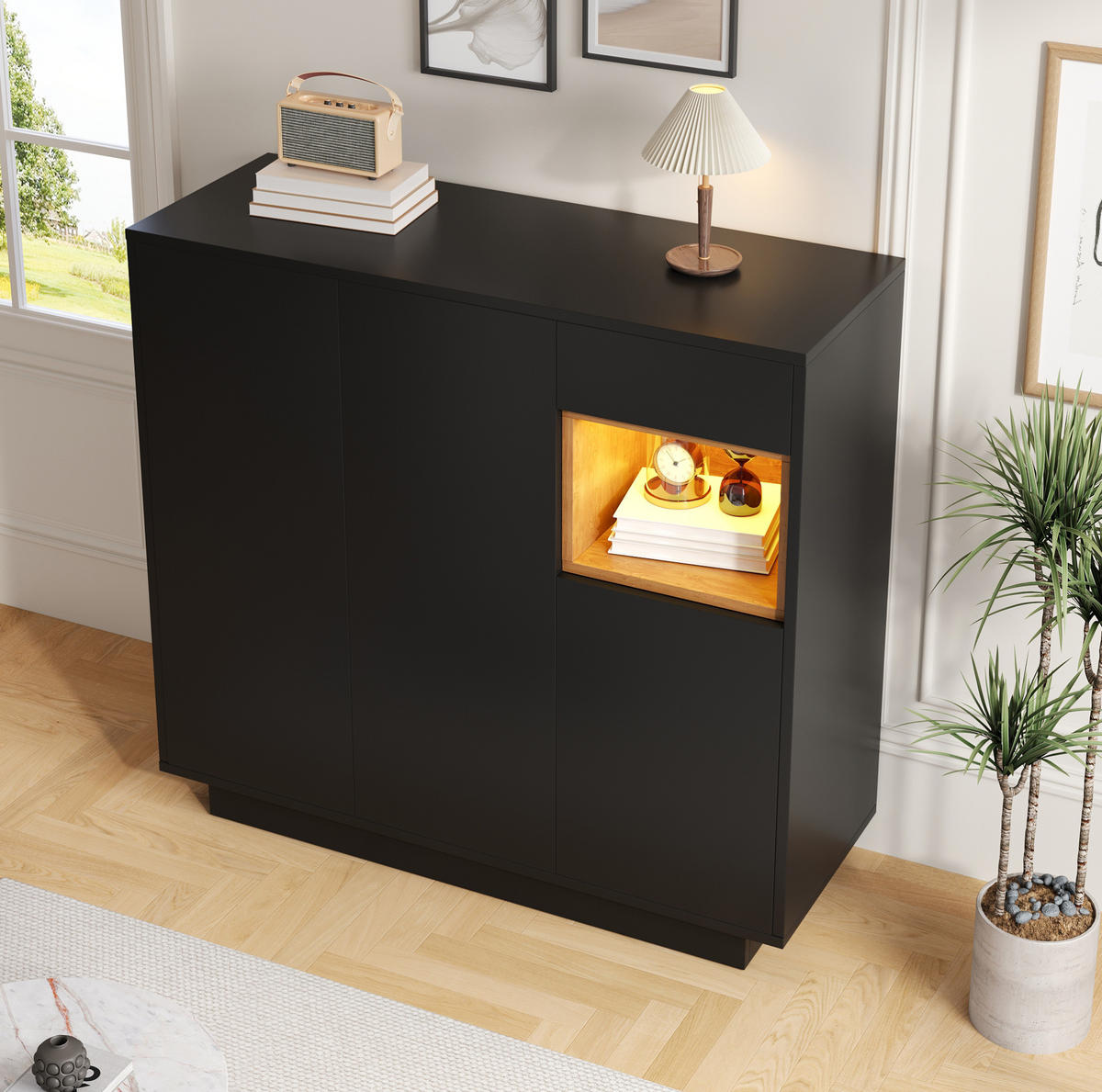SCHUHSCHRANK mit LED-Beleuchtung 105 x 39,5 x 100,5 cm Schwarz/Natur - Schwarz, Holzwerkstoff (38.5/100.5/105cm) - Beauniv