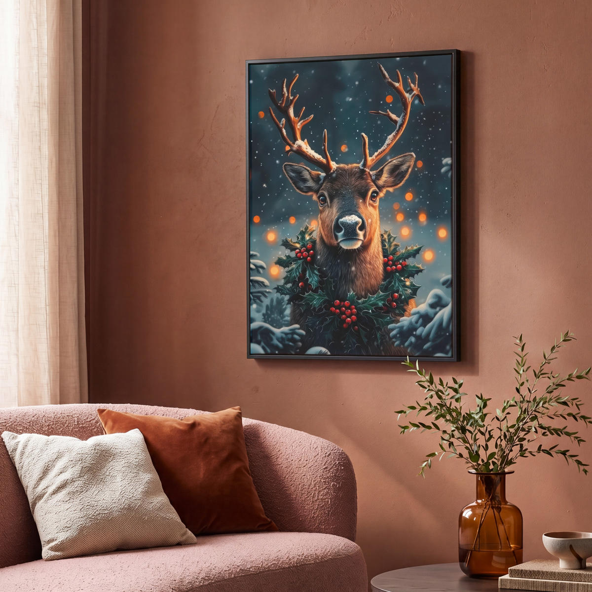 LEINWAND Bilder mit Rahmen - Hirsch - Weihnachten - Winter - Schnee - Weihnachtskranz - 70x100 - Dunkelbraun, Textil (70/100cm) - MuchoWow