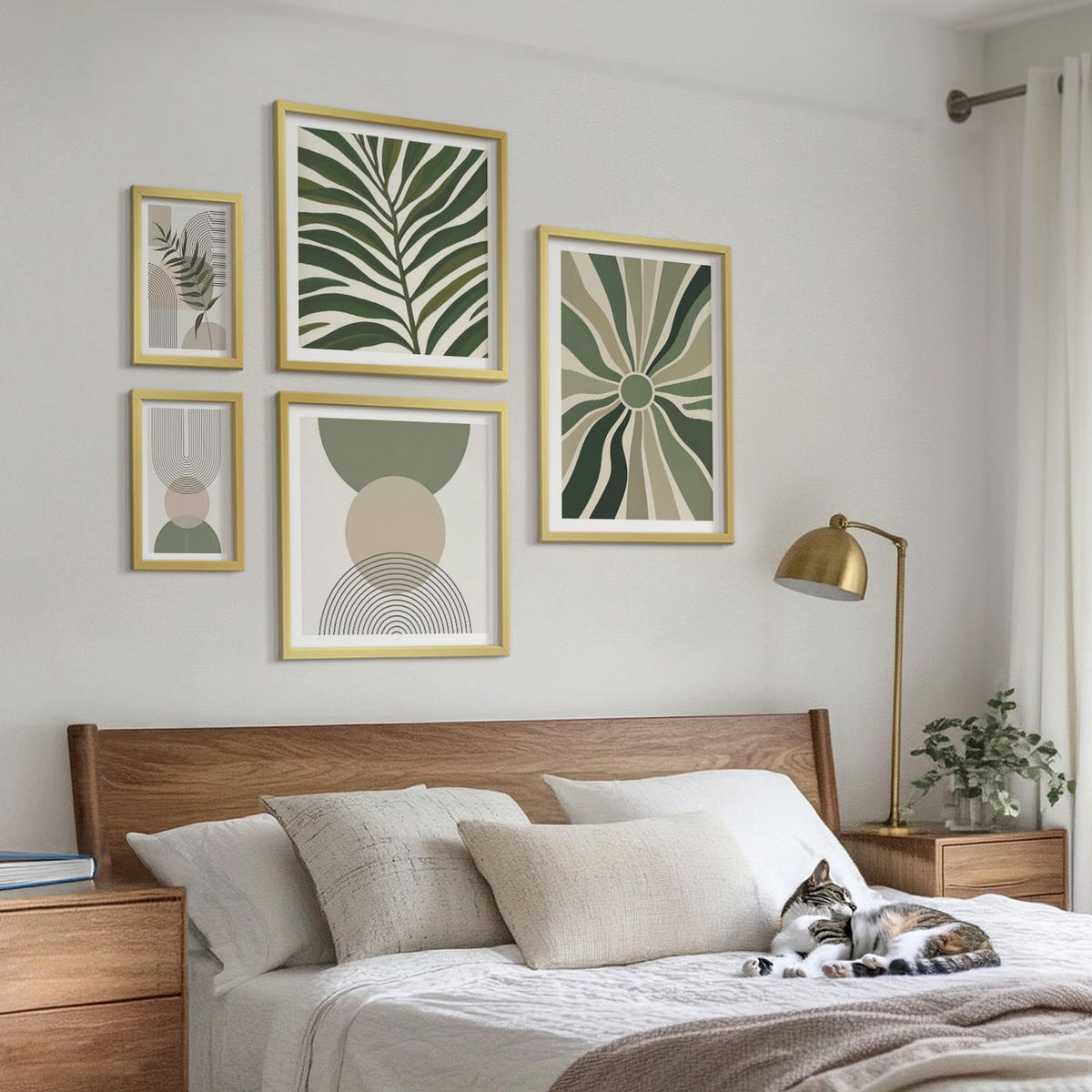 BILDER SET 5er Set - 50x50 cm & 20x30 cm & 40x60 cm Goldrahmen - Abstrakte Blätter im Boho-Stil - Goldfarben, Kunststoff (40/60cm) - TULUP