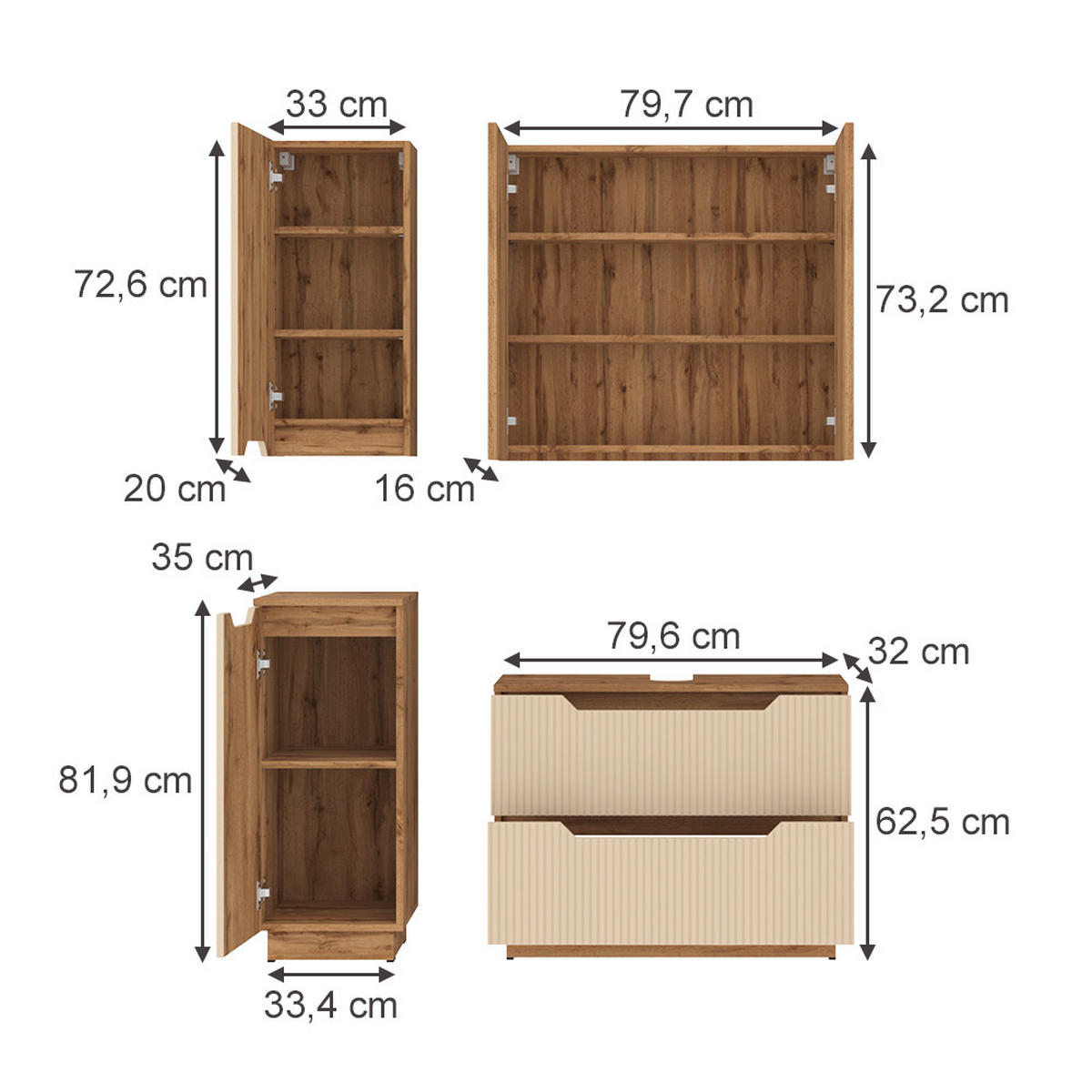 BADMÖBEL-SET Lotta Eiche/Kaschmir gestreift 4 Teile - Kaschmir/Eichefarben, Holzwerkstoff (79.6/62.5/32cm) - Vicco