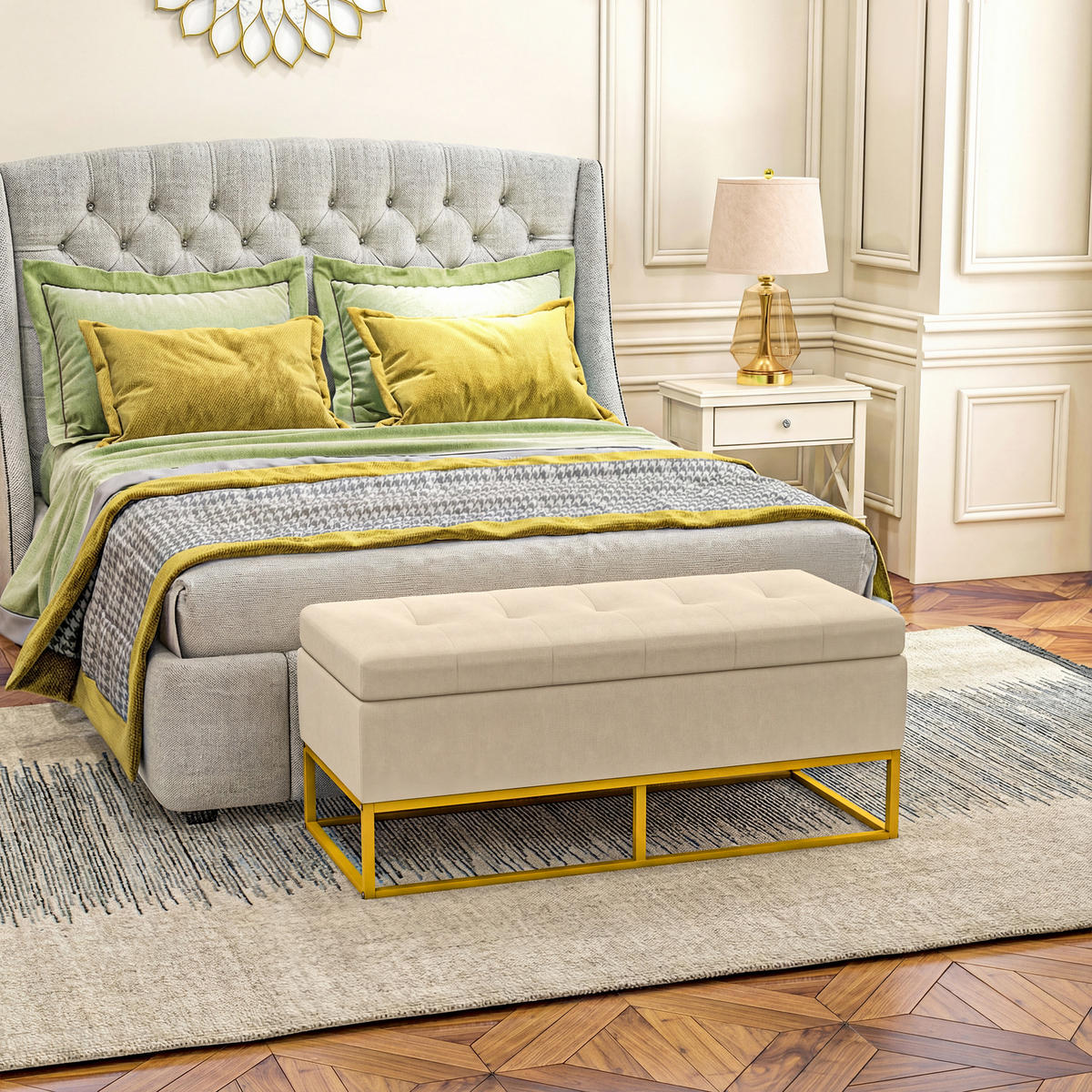 TRUHENBANKDE-07210 mit Knopfheftung und Flanelloptik Goldbeine - Beige, Metall (44/49/110cm) - ComfortXL