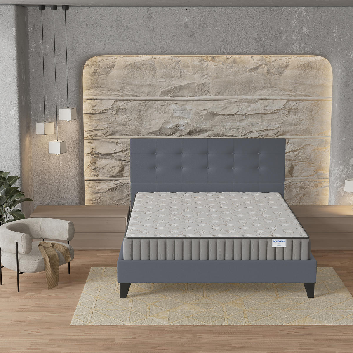 POLSTERBETT und MATRATZE - 140 x 200 cm - viskoelastischer Memory-Schaum - 22cm dick - Grau, Naturmaterialien/Holz (140/200cm) - November Sleep