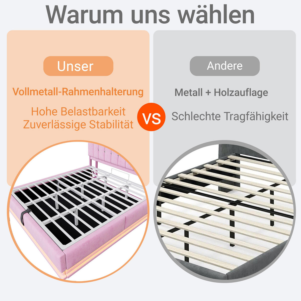 POLSTERBETT mit LED, USB und Stauraum 180x200 cm Samt Rosa - Pink, Metall (180/200cm) - Beauniv