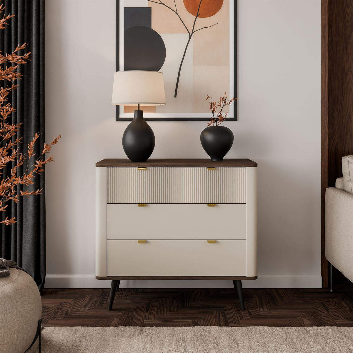 KOMMODE für das Wohnzimmer AUTUMN 3S auf hohen Beinen, Kaschmir / Nussbaum - Beige/Braun, Holzwerkstoff (90/82/40cm) - Lookway