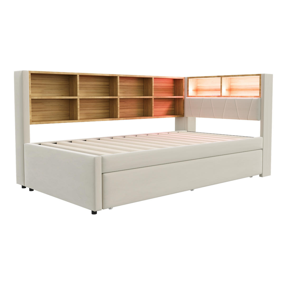 POLSTERBETT 90/200 cm Beige mit LED-Beleuchtung, Stauraum und USB- und Type-C-Anschlüssen - Beige, Textil (90/200cm) - Flora Grace