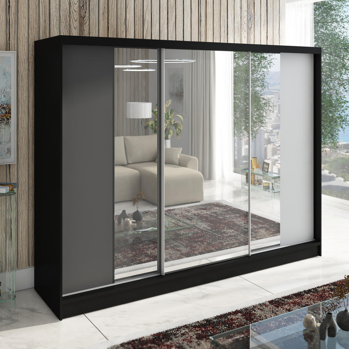 SCHWEBETÜRENSCHRANK 200 CM VIDA Farbe: Schwarz, Graphit, Weiß - Schwarz/Graphitfarben, Holzwerkstoff (200/215/60cm) - A&J MöbelLand