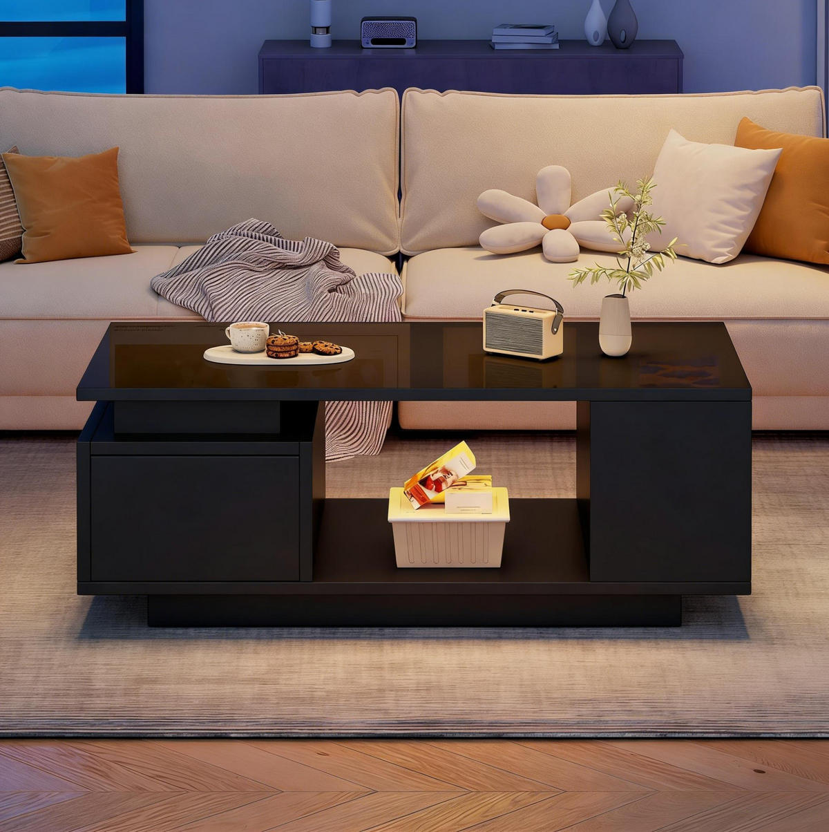 COUCHTISCH mit Schublade und LED 100 x 50 x 36 cm Schwarz - Schwarz, Holzwerkstoff (100/50/36cm) - Meubliv