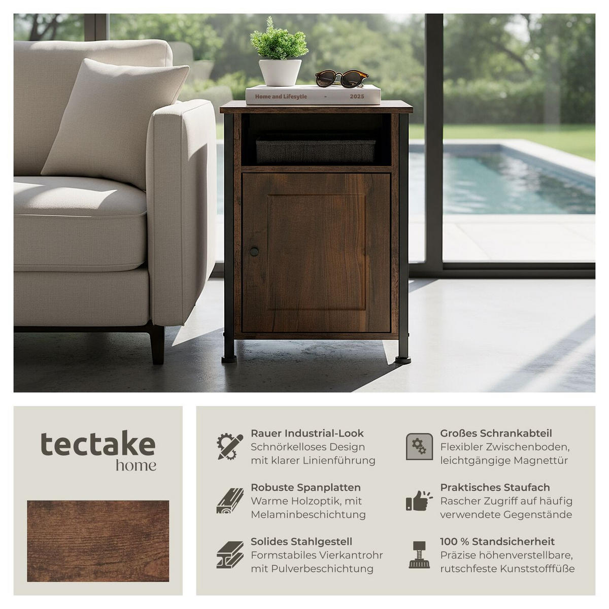 NACHTSCHRANK Blackburn,40 x 42 x 60,5 cm,Industrial Holz dunkel, rustikal - Rostfarben, Holzwerkstoff (40/60.5/42cm) - tectake