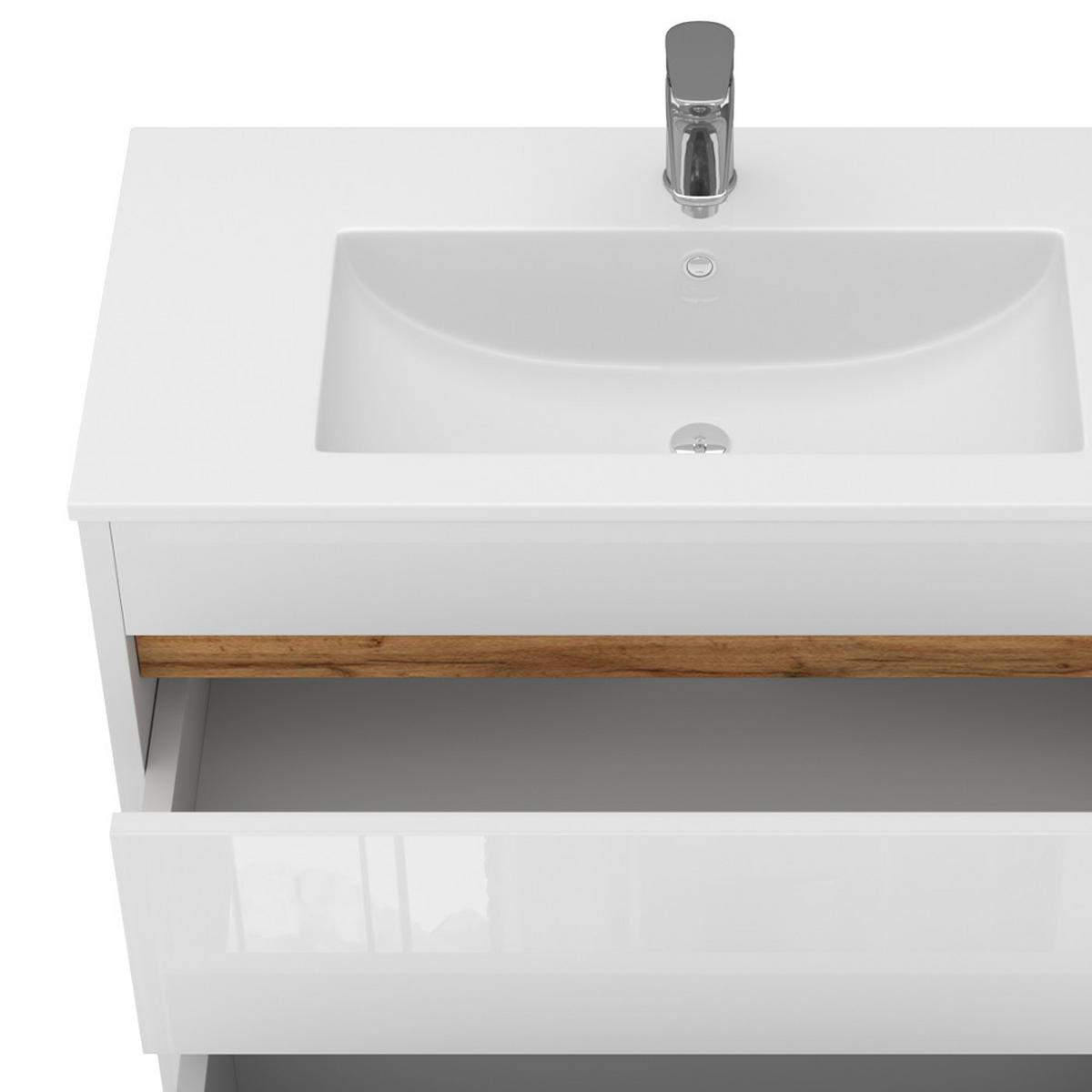 WASCHTISCHKOMBI Detmold, Weiß, 2 Teile, Unterschrank 80 cm - Weiß Hochglanz/Eiche Wotan, Holzwerkstoff (79.8/81.9/40cm) - Vicco