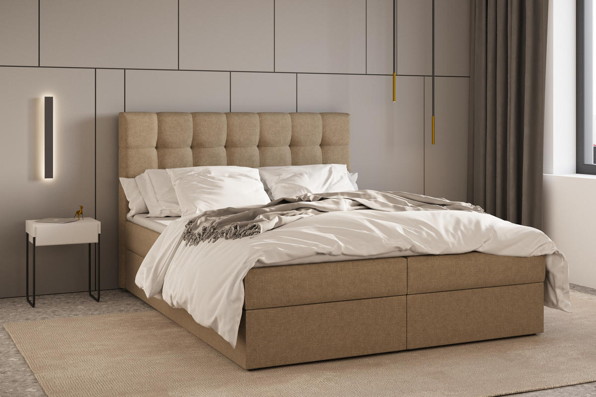 BOXBETT - Bett 05 OSLO - Hugo - 140x200 cm - mit Bettkasten und Waschbarem Topper - Cappuccino, Holz (140/200cm) - ROYAL24_MARKT