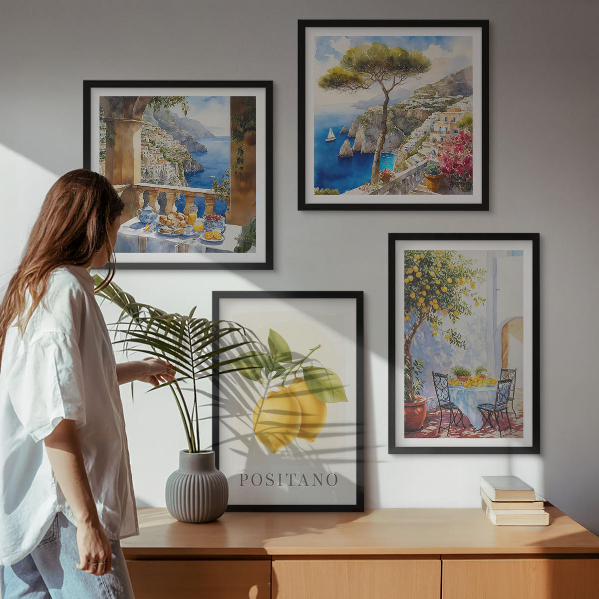 BILDER SET 4er Set - 50x50 cm & 40x60 cm Schwarzer Rahmen - Ansichten der Zitronenarchitektur von Positano - Schwarz, Kunststoff (50/50cm) - TULUP