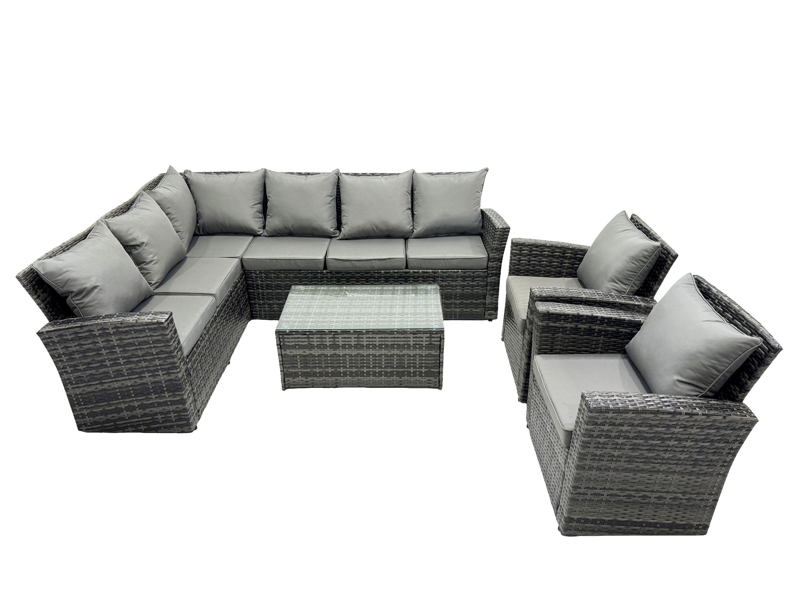 BALKONMÖBEL-SETS mit Ecksofa,Länglicher Couchtisch,2 große Fußhocker,Stuhl Polyrattan Dunkelgrau 8-Sitzer - Dunkelgrau/Grau, Glas/Kunststoff - Fimous