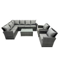 BALKONMÖBEL-SETS mit Ecksofa,Länglicher Couchtisch,2 große Fußhocker,Stuhl Polyrattan Dunkelgrau 8-Sitzer - Dunkelgrau/Grau, Glas/Kunststoff - Fimous