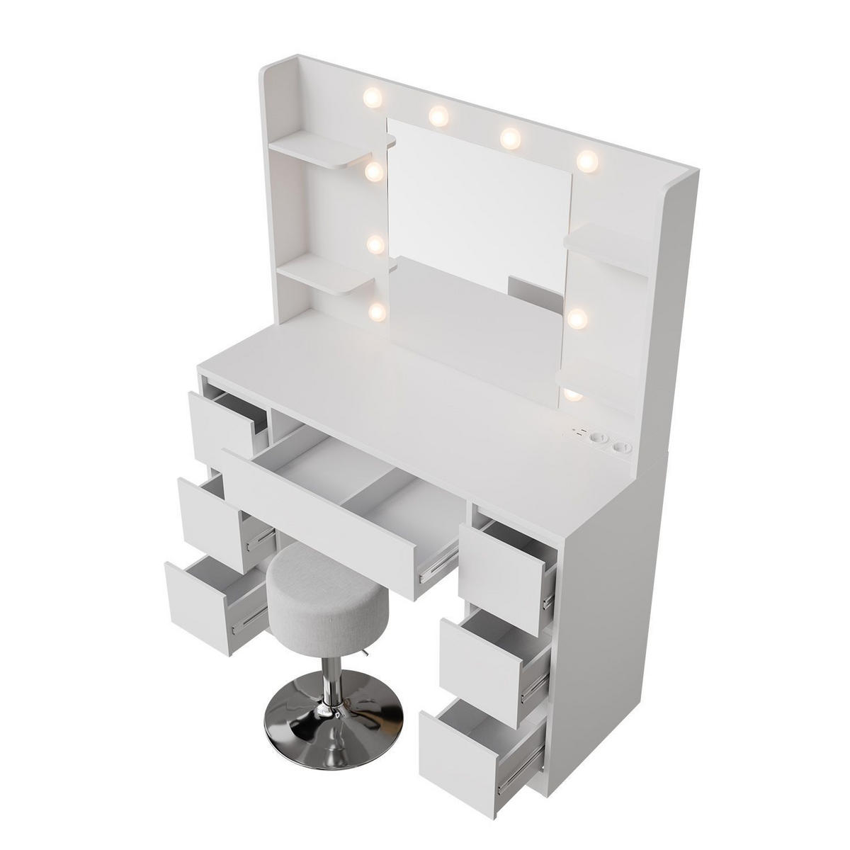 SCHMINKTISCH Malia mit LED und Hocker Tonia - Weiß, Holz (107/140/40cm) - Juskys