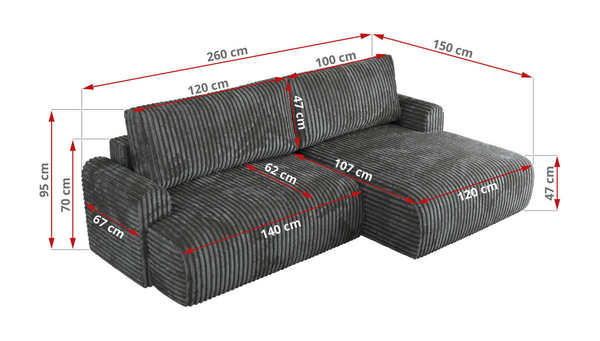 ECKSCHLAFSOFA TONO L Dunkelgrau Cord - rechts - Dunkelgrau/Schwarz, Kunststoff/Textil (150/260cm) - MKS
