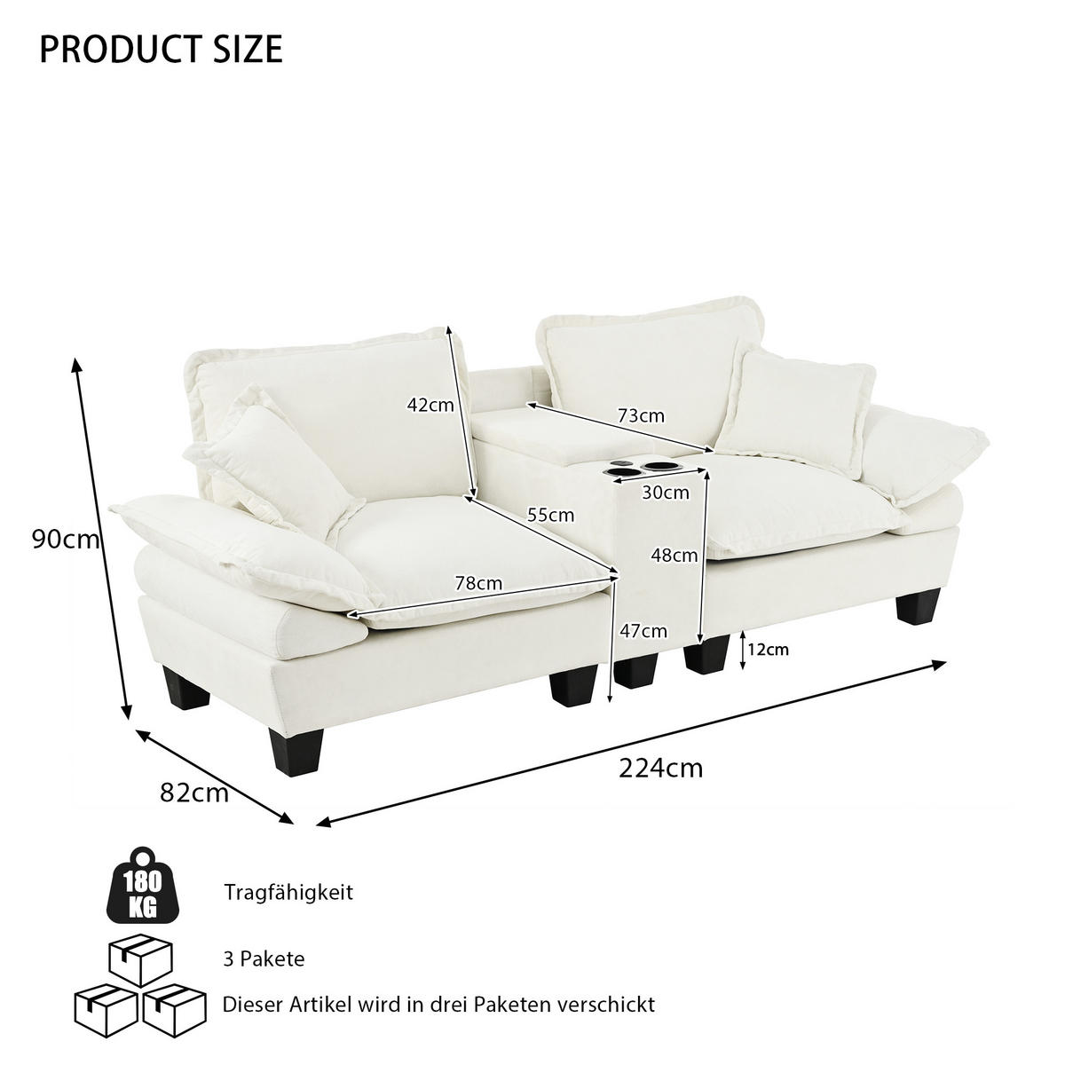 SOFA modular mit Ottomane 224 x 82 x 90 cm Chenille Beige - Beige, Holzwerkstoff (82/90/224cm) - Meubliv
