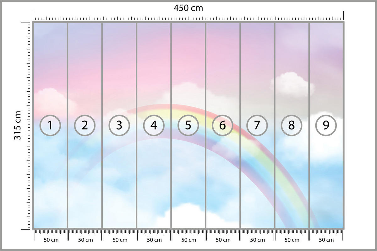 FOTOTAPETE für Schlafzimmer Regenbogen Rosa Himmel Wolken 450x315 - Blau/Gelb, Papier (450/315cm) - Muralo