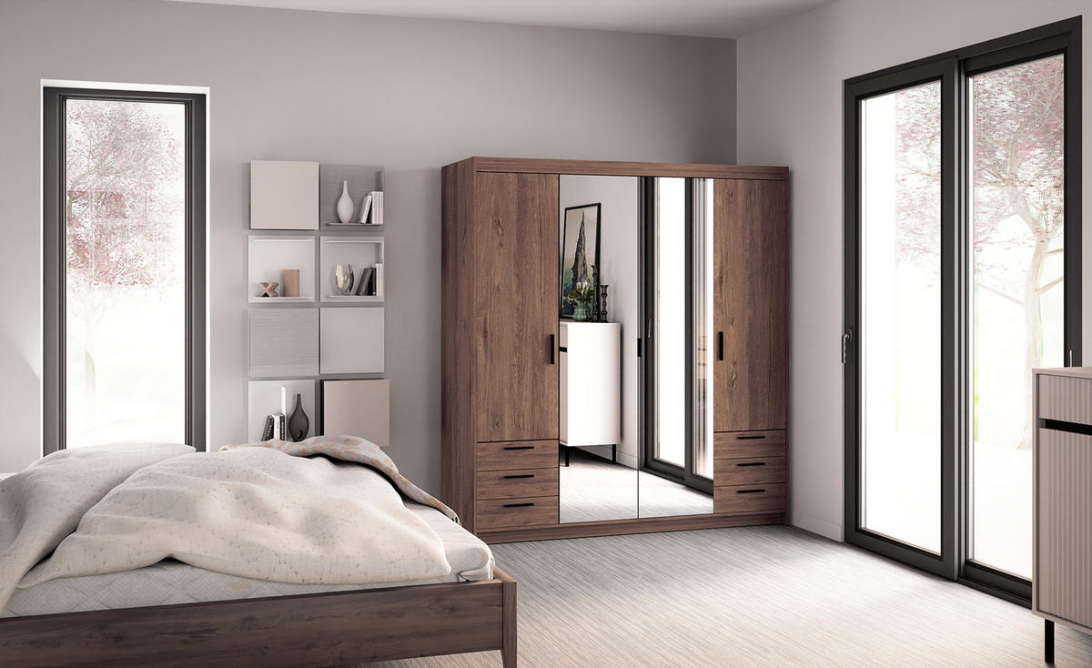 KLEIDERSCHRANK Storicos Eiche Lefkas 176,3/190,5/53 cm - 4T6S Modern mit Schubladen und Spiegel - Braun, Holzwerkstoff/Kunststoff (176.3/190.6/53cm) - AX Living