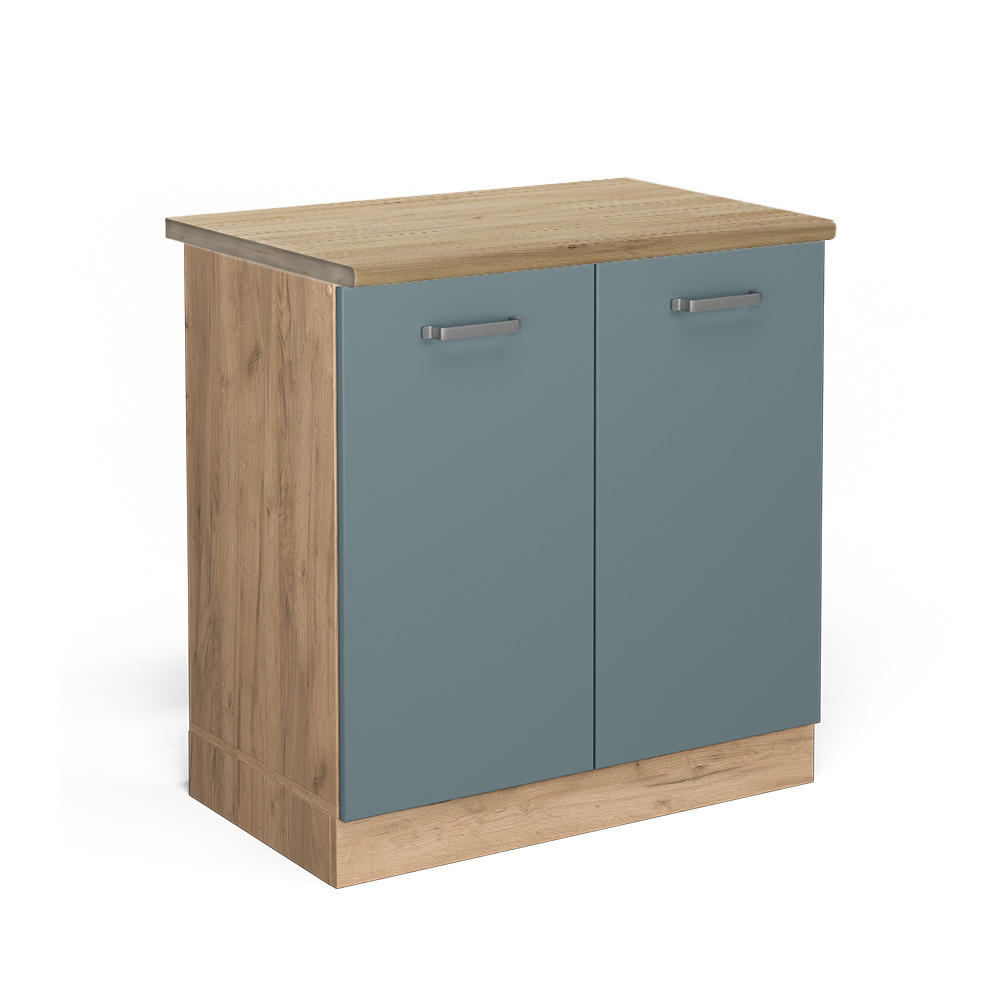 SPÜLENUNTERSCHRANK R-Line Blau-Grau 80 cm, AP Eiche - Honigeiche/Eiche Wotan, Holzwerkstoff (80/81.6/60cm) - Vicco
