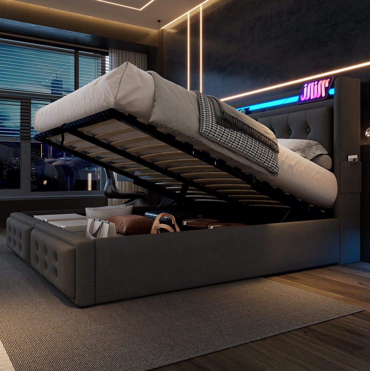 POLSTERBETT 160/200 cm mit LED-Kopfteil, Steckdose, USB-C und Bettkasten aus Baumwoll-Leinenstoff, Grau - Grau, Textil (160/200cm) - Redom